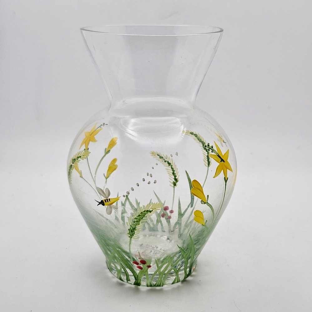 Two's Company Hand Painted Glass Vase Bee &‎ Wildflower Design 5" Bud Vase